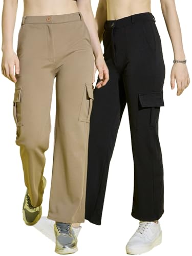 Image of DIMPY GARMENTS Full Length Straight Fit Solid Cargo Pants | Women Casual Pant Combo-Pack of 2