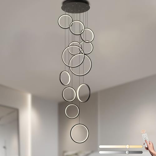 LAMPLAY Lampadario A LED Per Scale Lunghe, Lampada A 12 Anelli Neri Per Soffitti Alti, Lampada A Sospensione Regolabile In Altezza Per Ingresso Fai Da Te, Dimmerabile Con Telecomando 3000K-6000K