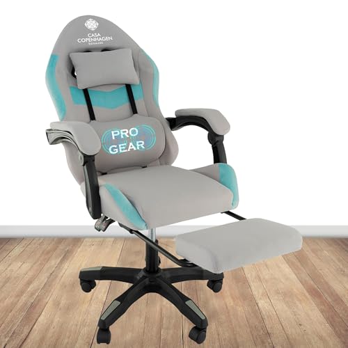 Image of Casa Copenhagen, High-Back Fabric Gaming Ergonomic Chair with Advanced Mechanism & Electric Back Massager, Luxurious Memory Foam Seating & Multi Function Arm-Rest - Grey & Aqua Blue