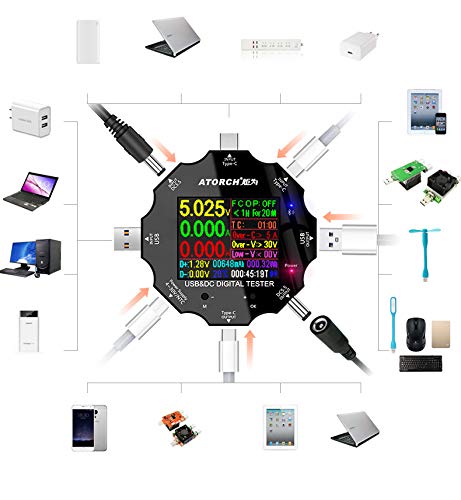 USB C Tester, 3 in 1 Typ C DC5.5 USB Tester Farbbildschirm IPS Digitalmultimeter,Spannung,Strom,Leistung,Widerstand,Kapazitätsdetektor,mit Clip-Kabel Unterstützt PD2.0/PD3.0,QC2.0/QC3.0