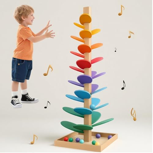 STFALI Kugelbahn Holz Höhe 71 cm, Murmelbahn Holz, Regenbogen Holzspielzeug mit 10 Regenbogenbälle, für Kinder, Im Klassenzimmer Oder In Der Schule Zu Hause