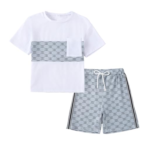 Image of Ayzozuy Boy Clothes Colorblock Top + Drawstring Waist Shorts 2 Pieces Kid Summer Outfits Set