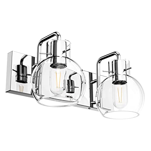 Image of Tipace Chrome Vintage Bathroom Vanity Light,2 Lights Modern Stainless Steel with Globe Clear Glass Bathroom Light Fixtures Industrial Wall Mount Lighting Sconce(Exclude Bulb)
