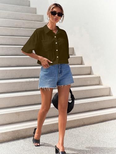 Image of TOPLOT V-Collar Solid Crop Shirt for Women with Half Sleeves, Polyester, Regular Fit