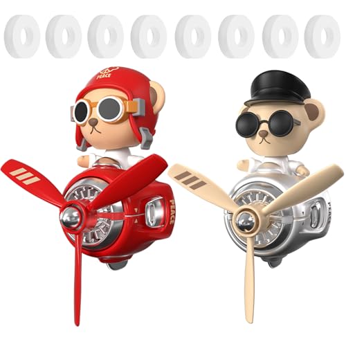 Image of 2Pcs Car Air Fresheners, Cute Bear Pilot Automotive Air Outlet Creative Car Perfume Diffuser, Automotive Accessories Air Vent Decoration with 8 Fragrant Tablets (Red 1+Silver 1)