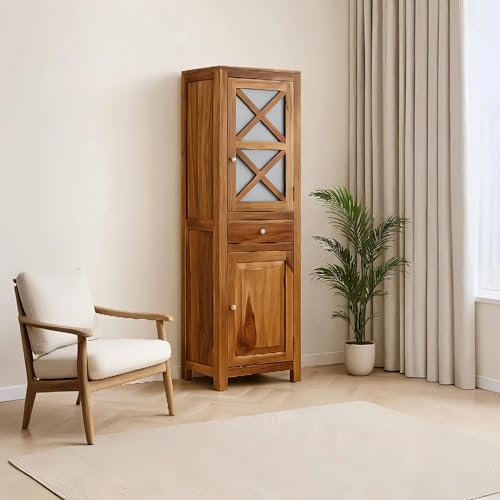 Image of EXCEL Home Cross Pattern Solid Wood 1-Door Wardrobe in Provincial Teak Finish