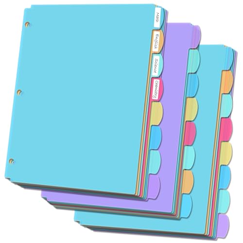 8 Tab Plastic Dividers for 3 Ring Binders, Write & Erase, Tabbed File Dividers with Tabs, Fits 8.5X 11'' Letter Size Paper, Assorted Color, 3 Set