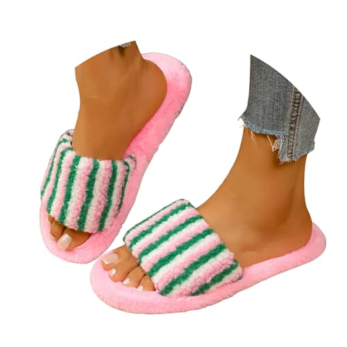 Women Fuzzy Fluffy Fleece Slippers Open Toe Cozy House Shoes Memory Foam Slides Fall Winter Warm Plush Soft Flat Slipper Comfy Non-Slip Indoor Outdoor Slip On Slippers Home Slides