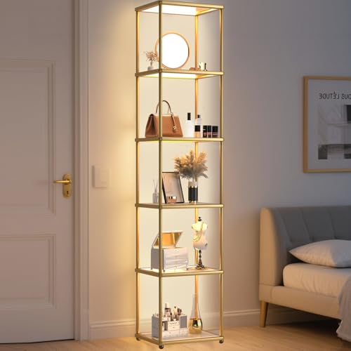 Bücherregal mit LED-Beleuchtung, Stehlampe mit Glasregal, Dimmbar Glasvitrine mit Einstellbare Farbtemperaturen und Helligkeit, Sammlervitrine für Wohnzimmer, Büro, Spielzimmer (40 x 32 x 184cm)