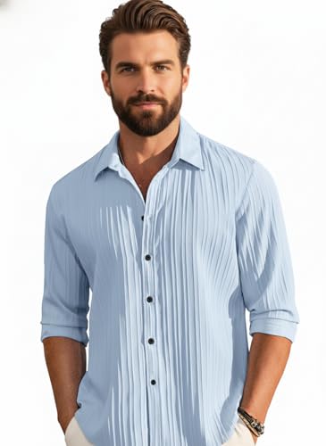 Image of Amazon Brand - INKAST Men's Casual Button Down Shirts Long Sleeve Linen Shirt Fashion Textured Beach Summer Shirt