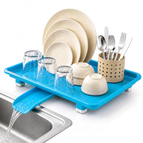 Image of JD FRESH Dish Drainer Tray with Water Drain Spout /BPA-Free Plastic Utensil Drying Tray /Countertop Kitchen Sink Organizer with Anti-Slip Feet /Multipurpose Drying Stand for Kitchen (12 x 17 Inch, Blue)