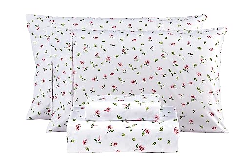 Image of Mooreeke Full Sheets Set - 4 Pieces Soft Breathable Microfiber Bed Sheet Set - Pink Flower Green Leaf Pattern Sheet Set - Deep Pocket Non-Slip Floral Printed Fitted Sheet Included for All Season