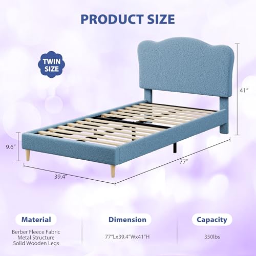 GarveeHome Upholstered Twin Size Bed Frame for Kids with Scallop Headboard, Cute Velvet Twin Bed for Girls, Boys, Sturdy Platform Bed, No Box Spring Needed, Wooden Slats, Noise Free, Blue