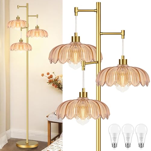 Image of Vintage Floor Lamps for Living Room Bedroom-3 Light Glass Floor Lamp with Three Led Bulb, Flower Tall Floor Lamp Gold Mid Century Modern Standing Lamp Tree Floor Lamps for Living Room Bedroom Corner