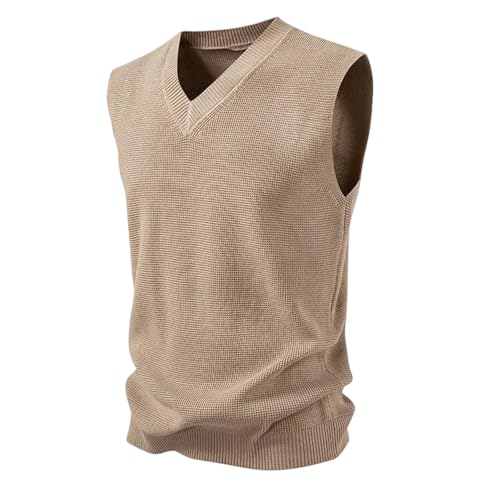 Men's Sleeveless Knitted Sweater Vest, Warm Autumn V-Neck Solid Color Pullover