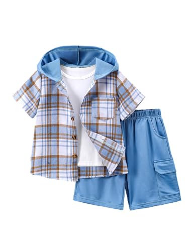 Image of Boys Clothes Shorts Sets Plaid Short Sleeve Hooded Button Shirt and Jogger Shorts for Kids Summer Outfits
