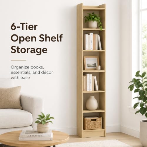 Image of FURLAY SlimTower 180 cm Tall Bookshelf, 6-Tier Slim Open Shelf Organizer, Space Saving Book Rack for Bedroom, Study Room, Living Room, Office, Kids Room & Decor Storage (FWBS7L-Classic Oak)