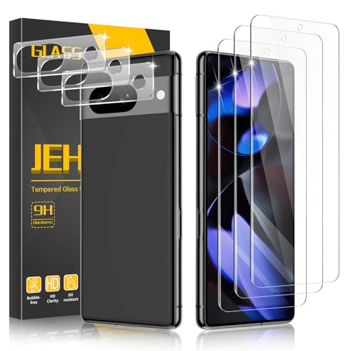 JEHOO Screen Protector for Google Pixel 8A, [3+3 Pack] 3 Pack Tempered Glass and 3 Pack Camera Lens Protector, Support Fingerprint Unlock, Case Friendly Easy Installation Scratchproof
