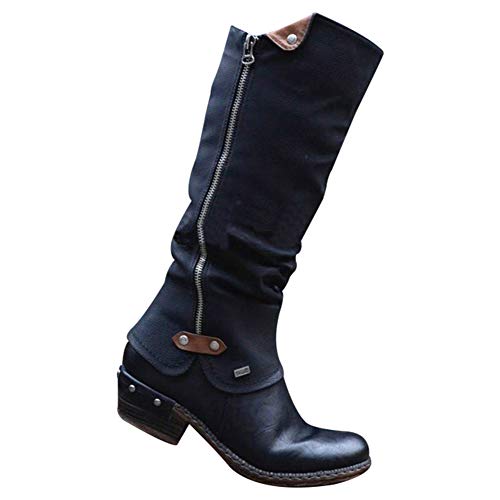Glomixs Women Western Cowboy Heel Ankle Shoes Side Zipper Knee Boots, Punk Boots Low Thick Heel Side Zippper Booties, Women's Leather Ankle Boots Vintage Shoes Comfortable High Help Boots