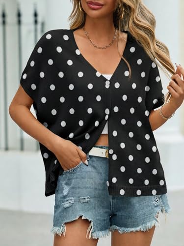 Image of Saodimallsu Womens Summer Oversized Cardigans Batwing Short Sleeve Lightweight Button V Neck Casual Knit Sweater Tops