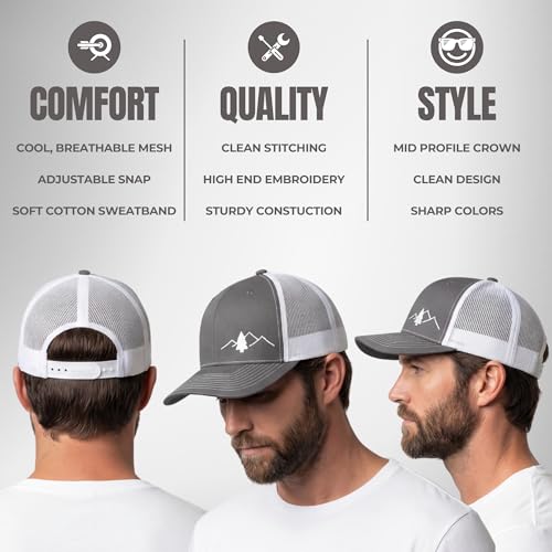Image of LINDO Trucker Hat [ Great Outdoors Design ] for Men and Women: Mid Profile Cap with Breathable Mesh Back and Adjustable Snap