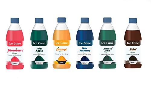 Jarabe para Cono de Hielo, Jarabes de Sabores Populares Mixtos, se puede usar con All Slush| Slushie Machines limón y lima/naranja/frambuesa azul/manzana picante/cola/fresa cada 250 ml (paquete de 6)