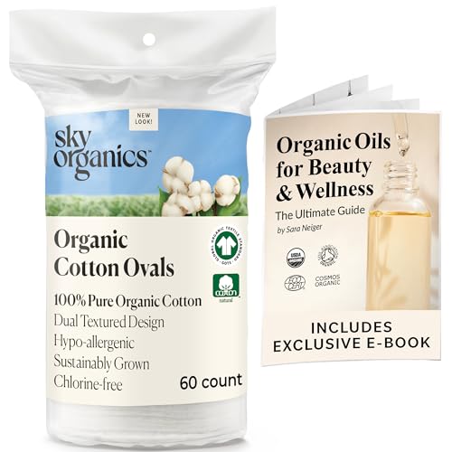 Sky Organics Organic Premium Cotton Large Pads with Ebook for Makeup Removal, Cleansing, Toner Application, 100% Pure Organic Cotton with GOTS Certified, Dual Textured Design