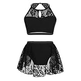 iiniim Kids Girls Two Piece Dance Crop Bra Top with Shorts Gymmnastics Active Workout Sports Swimming Outfit Set (Keyhole Halter Black, 12)