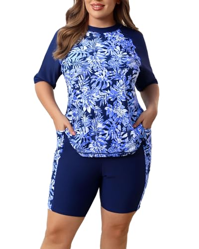 Halcurt Womens Plus Size Swim Shorts and Shirt Short Sleeve Swimsuit Water Top Rash Guard with Built in Bra Palm 2X
