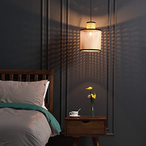 VidaLite Nakuv - Modern Bohemian Mini Pendant with 2 Tier PVC Rattan Shade and Velvet Stiched Rim for Foyer, Kitchen Living Room, Bedroom, Beige - Image 3