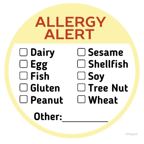 500 Pcs Allergy Stickers, Circular with Top 10 Common Allergen Checklist on Writable Surface, Yellow Adhesive Allergies Label for Kids Allergy Alert