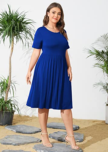 Image of POSESHE Womens Plus Size Summer Dress 2026 Casual Short Sleeve Empire Waist Loose Fit Swing T-Shirt Dress with Pockets