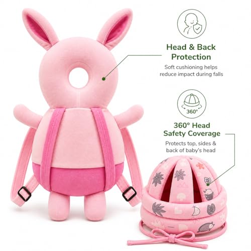 Image of GLUN Baby Back Protector with Head Protective Hat Combo Set, Cute Rabbit Shape Soft Cushioning, Adjustable Shoulder Belt, Head Protection Gear for 6-18 Month Toddler Kids