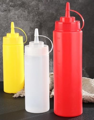 Condimento Botellas, 3 Pcs Botella de Salsa con Tapa, 250Ml Squeeze Bottle, para Condimentos, Salsa de Tomate, Mayonesa, Salsa Picante y Aceite de Oliva（Rojo + Blanco + Amarillo）