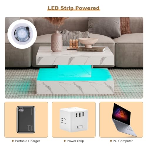 KEEPREAPER White Marble Square Coffee Table for Living Room, Modern Coffee Tables with Storage, LED Light Coffee Table 2-Tier Square Middle Center Table,Contemporary Wood Tea Tables for Dining - Image 5