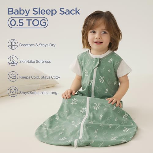Image of Duomiaomiao 3-Pack Baby Sleep Bag, 100% Organic Cotton Lightweight Wearable Blanket, Breathable Comfy Toddler Sleeping Sack (0.5tog Green Leaves, Small)