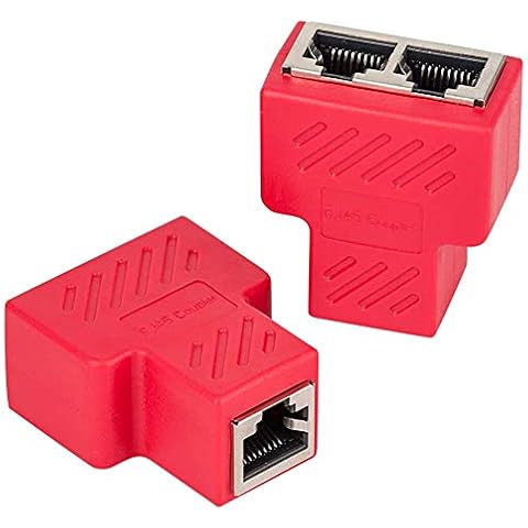 Ethernet Splitter, MACTISICAL 2 Pack Cat7 Cat6 Cat5 Cat5e RJ45 8P8C Network Keystone Jack In-Line Coupler Female to 2 Female LAN Network Ethernet Splitter Connector (2 PCS, Red) Cover