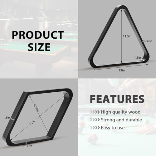 ShinyRelief 22 Pcs Pool Table Brush Set Wooden Billiard Rack 8 or 9 Ball Triangle Diamond for 2-1/4\" Pool Ball with Polish Cloth Sticky Lint Roller Cue Chalk Cube Accessories(Black)