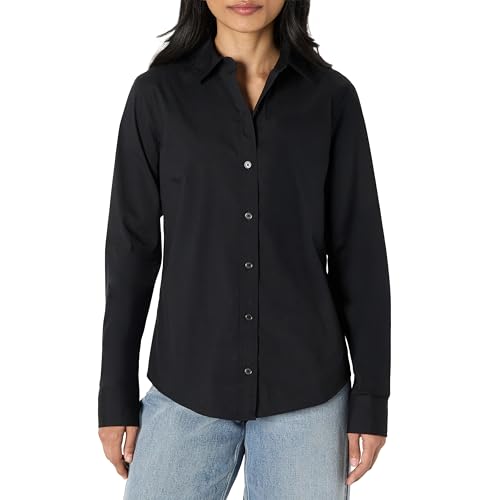 Amazon Essentials Womens Regular-Fit Stretch Poplin Button-Up Dress Shirt, Black, XX-Large