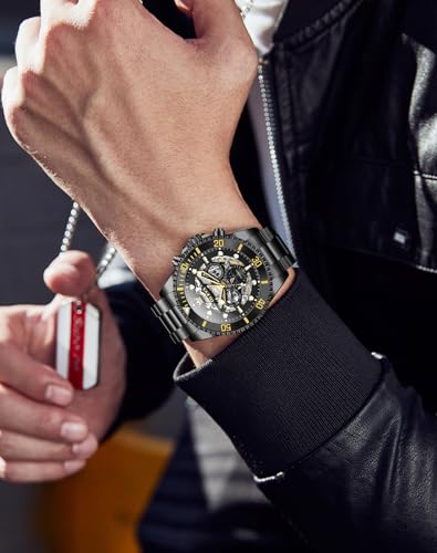 Image of OLEVS Men Automatic Watch Diamond Skeleton Mechanical Luxury Self Winding Moon Phase Calendar Waterproof Wrist Watch for Men