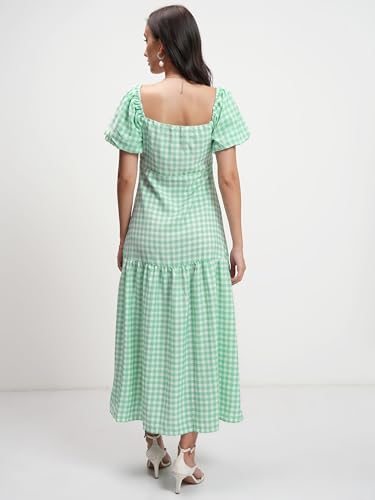 Image of Tokyo Talkies Womens Dresses for Women | Checkered Print | Front Button Detail | Sweetheart Neck | Midi Dress | Puff Sleeves | Elegant Fit | Dress for Women | Women Dress | Stylish Women Dress