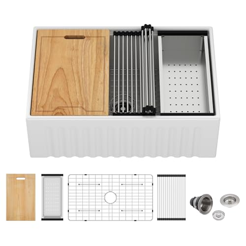 GhomeG 30 Farmhouse Sink White 30x20x10 Inch Farmer Sinks Workstation Reversible Ceramic Apron Front Kitchen Sinks Single Bowl Farm Style Basin - Oak Wood Grain