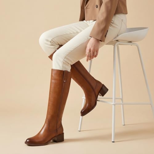 Image of Women's Knee High Boots Chunky Low Block Heel Round Toe Faux Leather Rinding Boots with Side Zip Fashion Tall Boots for Women