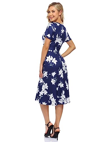 Missky Women's Summer Casual Short Sleeve Empire Waist Dress Ruched V-Neck Party Dresses With Pockets #TOP3