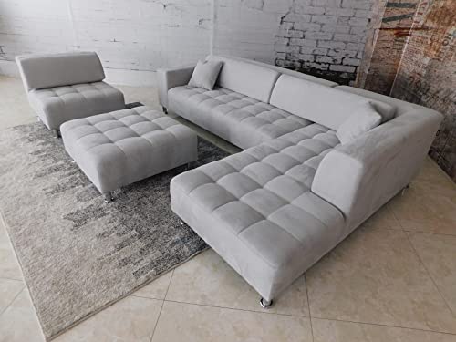 Stendmar 4Pc 117" To 153" Modern Grey Microfiber Sectional Sofa Chaise Chair Ottoman S1107Rg #TOP28