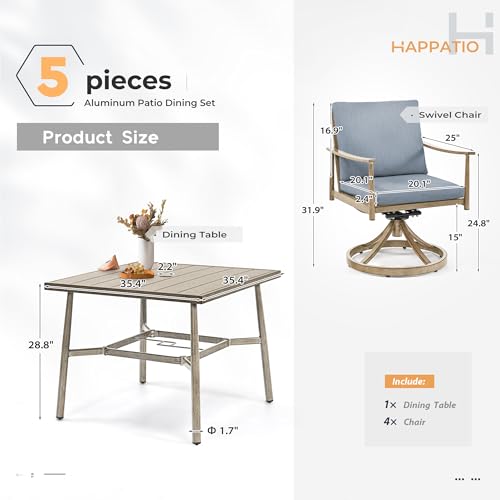 5-Piece HAPPATIO Outdoor Dining Set: Aluminum Table with Umbrella Hole & 4 Swivel Chairs for Lawn, Porch, Backyard (Brown)