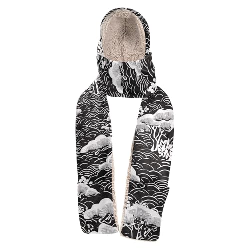 Bonnet d'hiver chaud à capuche longue écharpe motif arbre ondulé