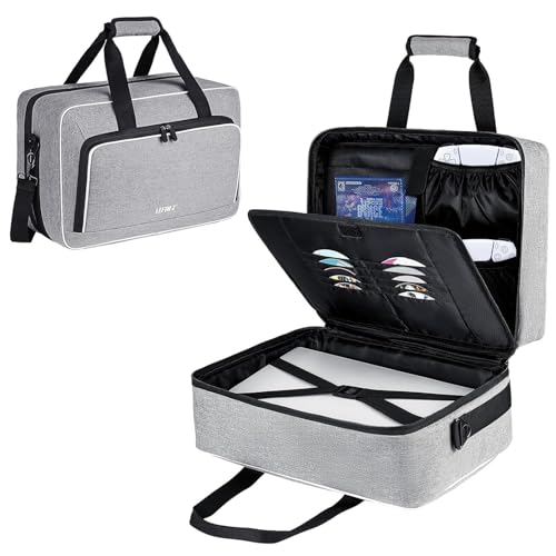 Tasche kompatibel mit PS5/PS4/PS5 Pro,Reise-Aufbewahrungstasche mit 17 Taschen und dicker Polsterung für Playstation 5 Disk Digital Edition Konsole,Controller,Spiele-Discs,Ladegerät und Zubehör,Grau