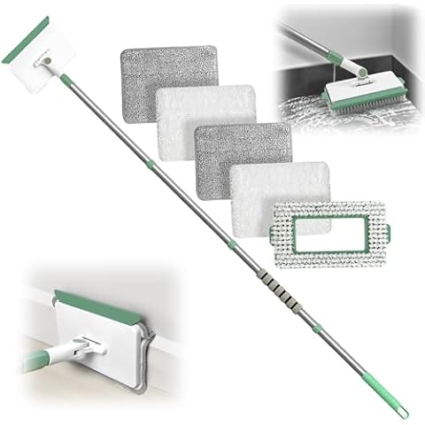 DALIPER Baseboard Cleaner Tool with Handle, Wall Cleaner Mop with 54.7'' Adjustable Long Handled 1 Scrubber Brush Mop Head and 4 Reusable Cleaning Pads for Baseboards Cleaning, Ceiling, Skirting Board Cover