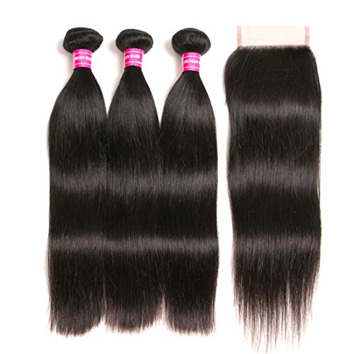 RUIMEISI Brazilian Straight Hair With Closure 3 Bundles Unprocessed Virgin Human Hair Bundles With Lace Closure Free Part Hair Extensions Natural Color (20/22/24+18 Inch)